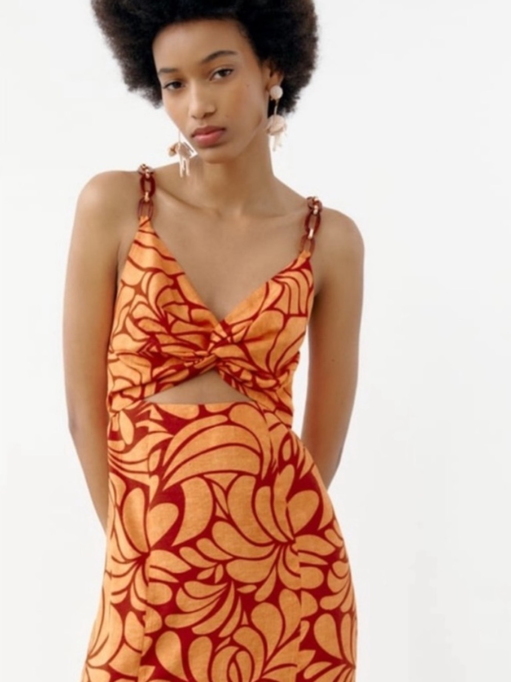 ZARA Orange and Red Floral-Print Midi Dress - Picture 2 of 7